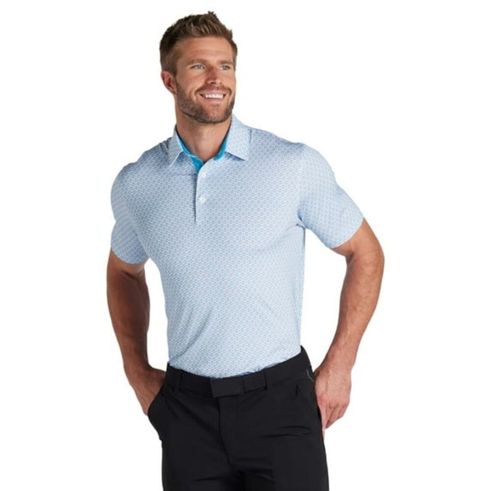 Puma Polo Shirt Sz L Multi Stretch Palm Tree Collared Pullover Performance Golf